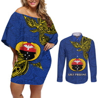 Papua New Guinea Gulf Province Couples Matching Off Shoulder Short Dress and Long Sleeve Button Shirts PNG Birds Of Paradise Polynesian Arty Style LT03 Blue - Polynesian Pride