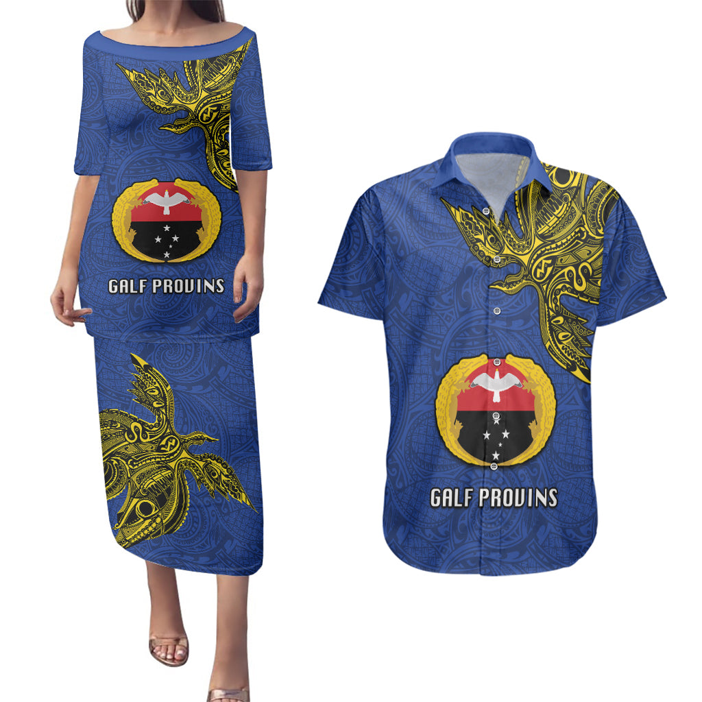 Papua New Guinea Gulf Province Couples Matching Puletasi Dress and Hawaiian Shirt PNG Birds Of Paradise Polynesian Arty Style LT03 Blue - Polynesian Pride