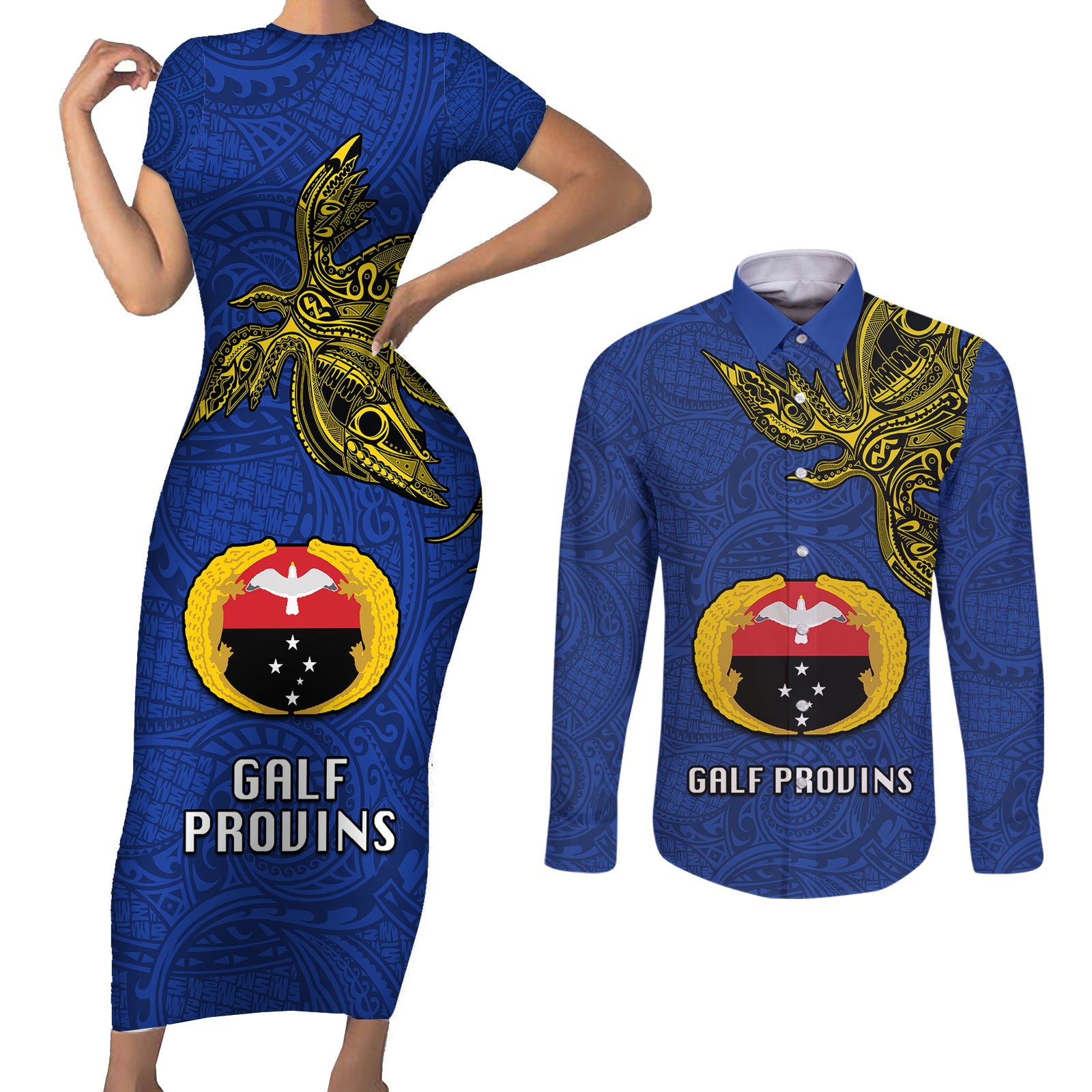 Papua New Guinea Gulf Province Couples Matching Short Sleeve Bodycon Dress and Long Sleeve Button Shirts PNG Birds Of Paradise Polynesian Arty Style LT03 Blue - Polynesian Pride