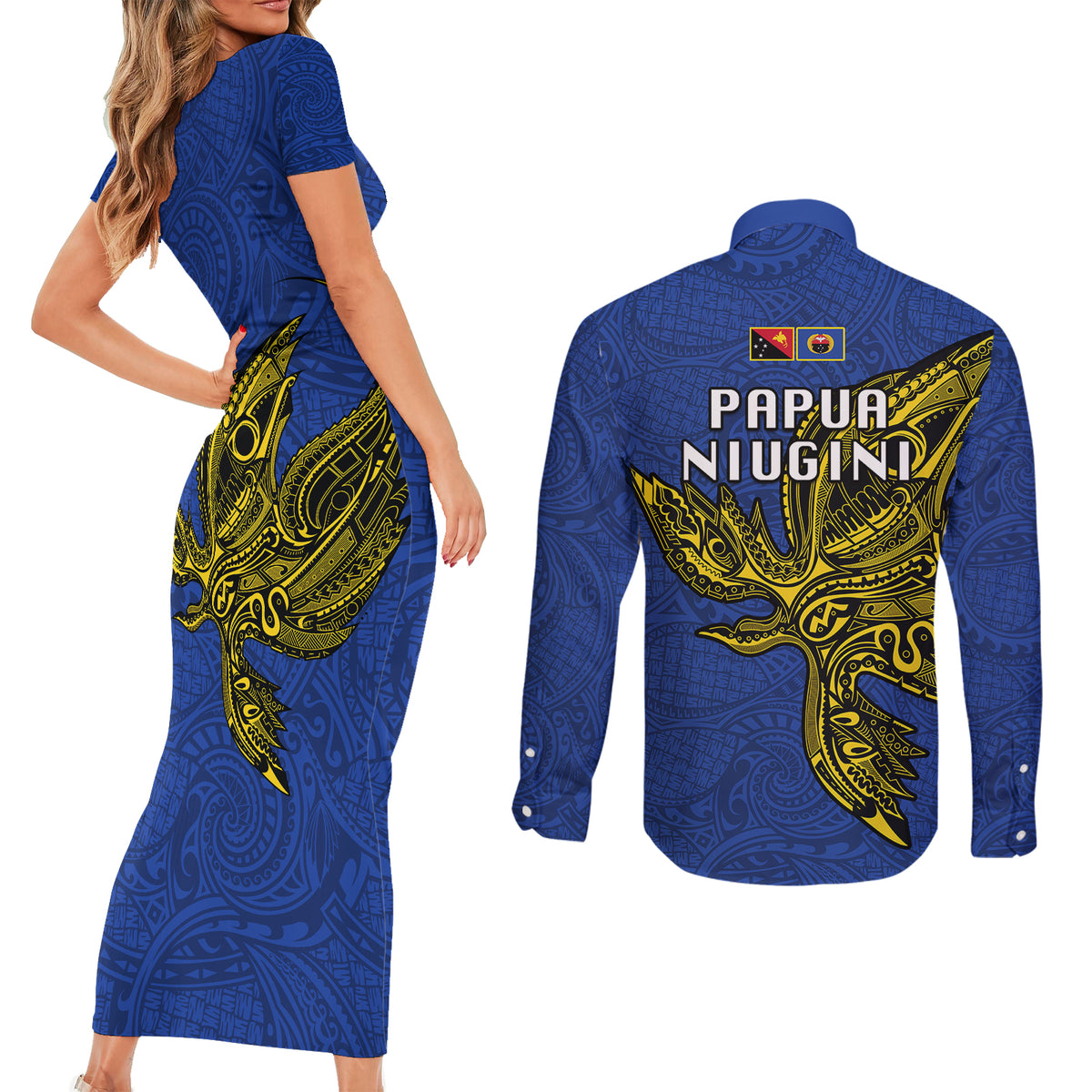 Papua New Guinea Gulf Province Couples Matching Short Sleeve Bodycon Dress and Long Sleeve Button Shirts PNG Birds Of Paradise Polynesian Arty Style LT03 - Polynesian Pride