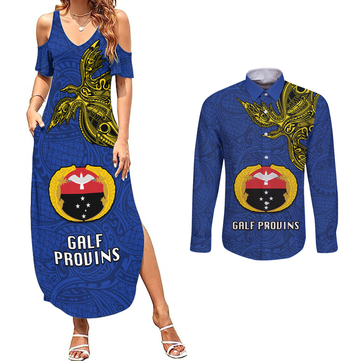 Papua New Guinea Gulf Province Couples Matching Summer Maxi Dress and Long Sleeve Button Shirts PNG Birds Of Paradise Polynesian Arty Style LT03 Blue - Polynesian Pride