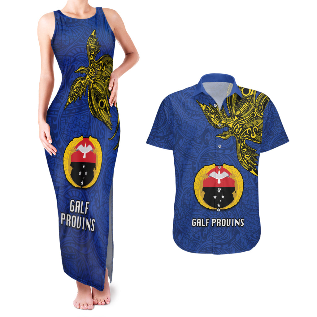 Papua New Guinea Gulf Province Couples Matching Tank Maxi Dress and Hawaiian Shirt PNG Birds Of Paradise Polynesian Arty Style LT03 Blue - Polynesian Pride