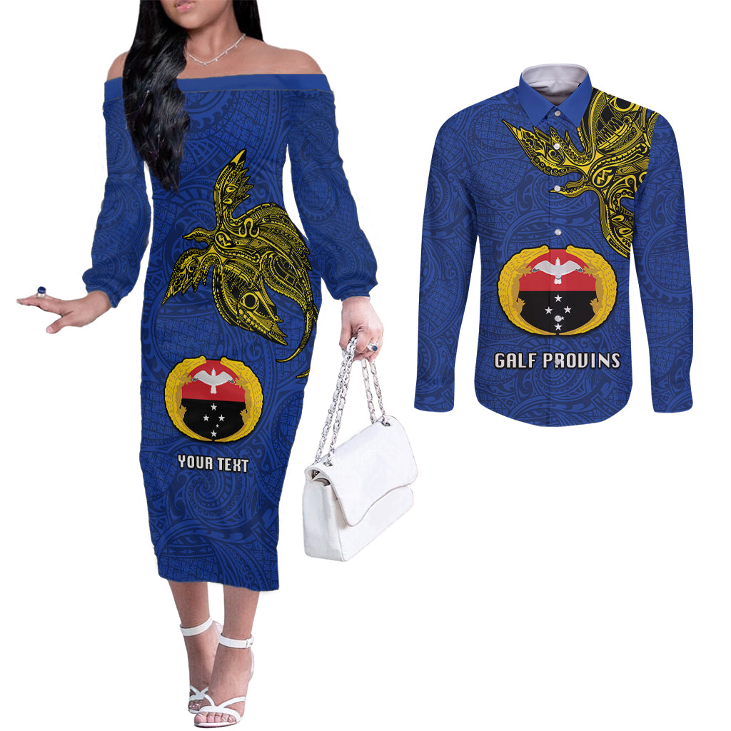 Custom Papua New Guinea Gulf Province Couples Matching Off The Shoulder Long Sleeve Dress and Long Sleeve Button Shirts PNG Birds Of Paradise Polynesian Arty Style LT03 Blue - Polynesian Pride