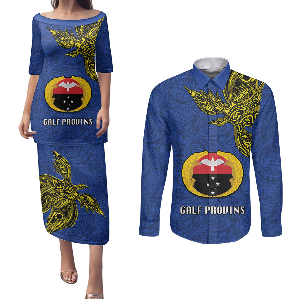 Custom Papua New Guinea Gulf Province Couples Matching Puletasi Dress and Long Sleeve Button Shirts PNG Birds Of Paradise Polynesian Arty Style LT03 Blue - Polynesian Pride