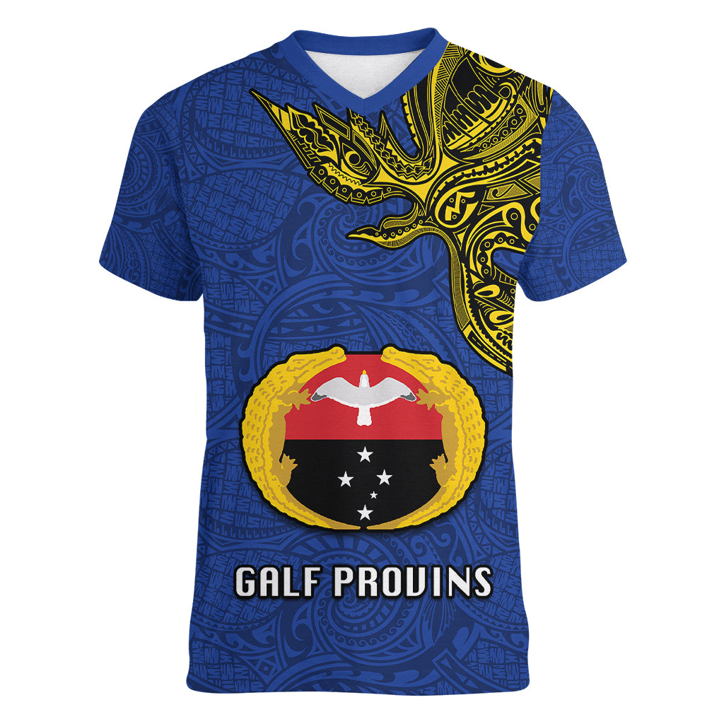 Custom Papua New Guinea Gulf Province Women V Neck T Shirt PNG Birds Of Paradise Polynesian Arty Style LT03 Female Blue - Polynesian Pride