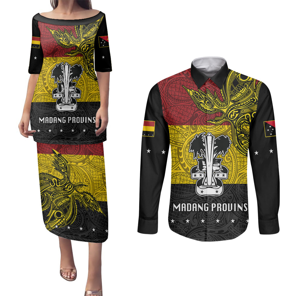 Custom Papua New Guinea Madang Province Couples Matching Puletasi Dress and Long Sleeve Button Shirts PNG Birds Of Paradise Polynesian Arty Style LT03 Yellow - Polynesian Pride