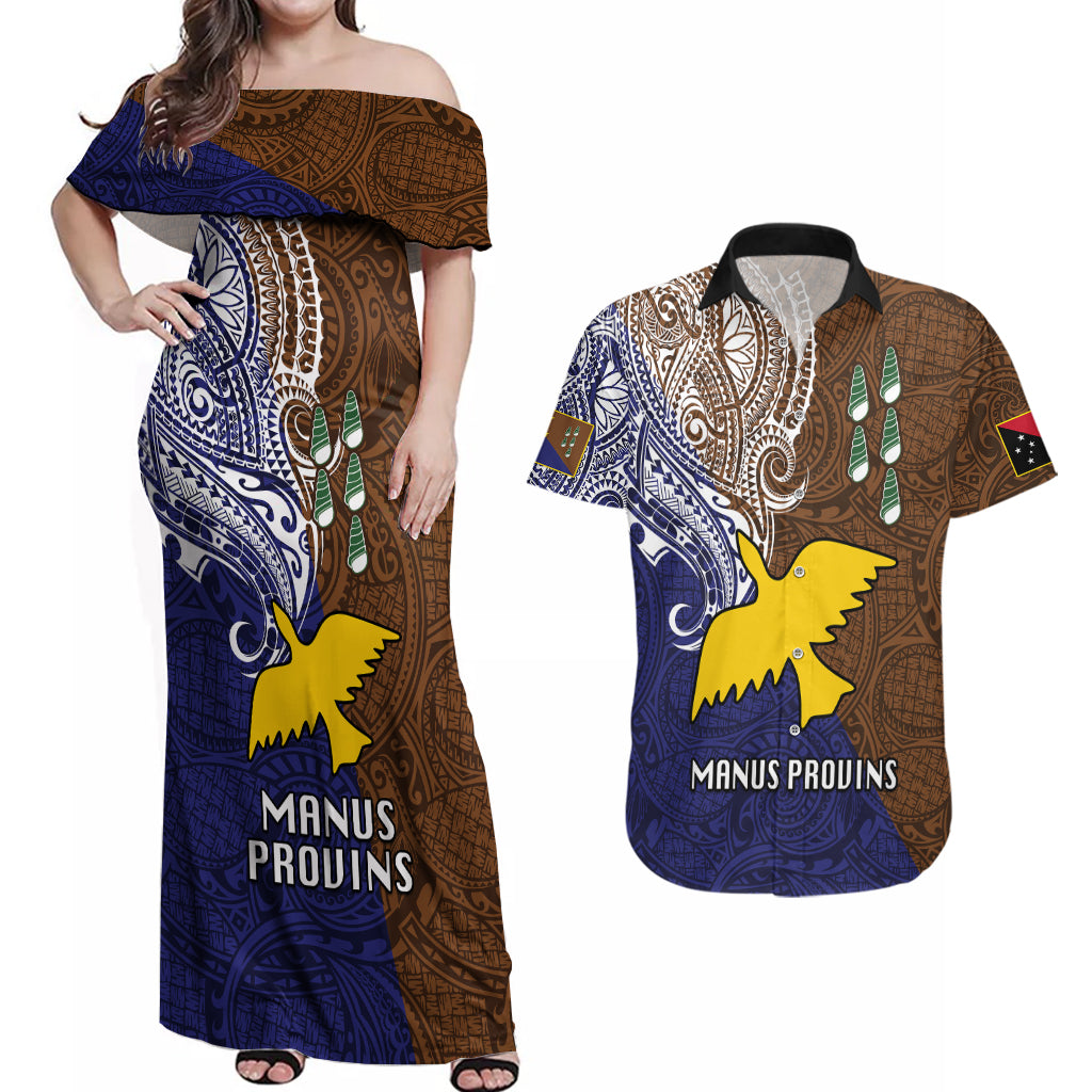 Papua New Guinea Manus Province Couples Matching Off Shoulder Maxi Dress and Hawaiian Shirt PNG Birds Of Paradise Polynesian Arty Style LT03 Brown - Polynesian Pride