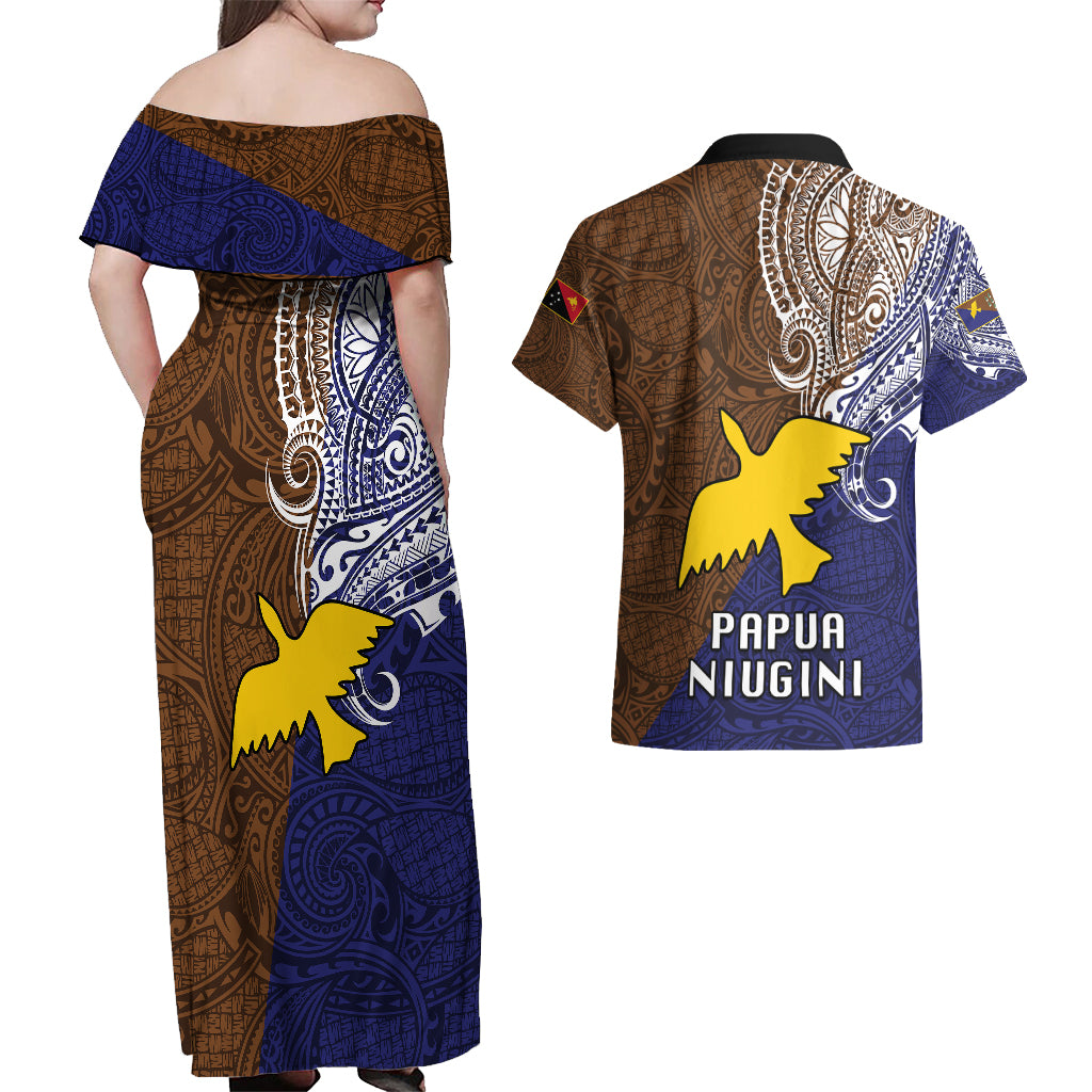 Papua New Guinea Manus Province Couples Matching Off Shoulder Maxi Dress and Hawaiian Shirt PNG Birds Of Paradise Polynesian Arty Style LT03 - Polynesian Pride