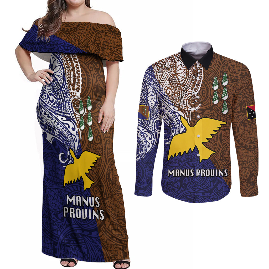 Papua New Guinea Manus Province Couples Matching Off Shoulder Maxi Dress and Long Sleeve Button Shirts PNG Birds Of Paradise Polynesian Arty Style LT03 Brown - Polynesian Pride