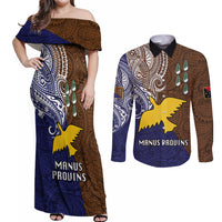Papua New Guinea Manus Province Couples Matching Off Shoulder Maxi Dress and Long Sleeve Button Shirts PNG Birds Of Paradise Polynesian Arty Style LT03 Brown - Polynesian Pride
