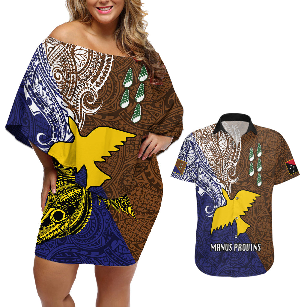 Papua New Guinea Manus Province Couples Matching Off Shoulder Short Dress and Hawaiian Shirt PNG Birds Of Paradise Polynesian Arty Style LT03 Brown - Polynesian Pride