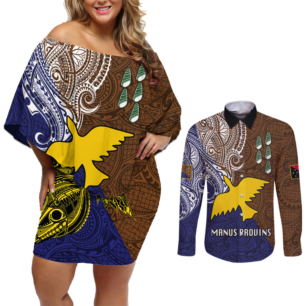 Papua New Guinea Manus Province Couples Matching Off Shoulder Short Dress and Long Sleeve Button Shirts PNG Birds Of Paradise Polynesian Arty Style LT03 Brown - Polynesian Pride