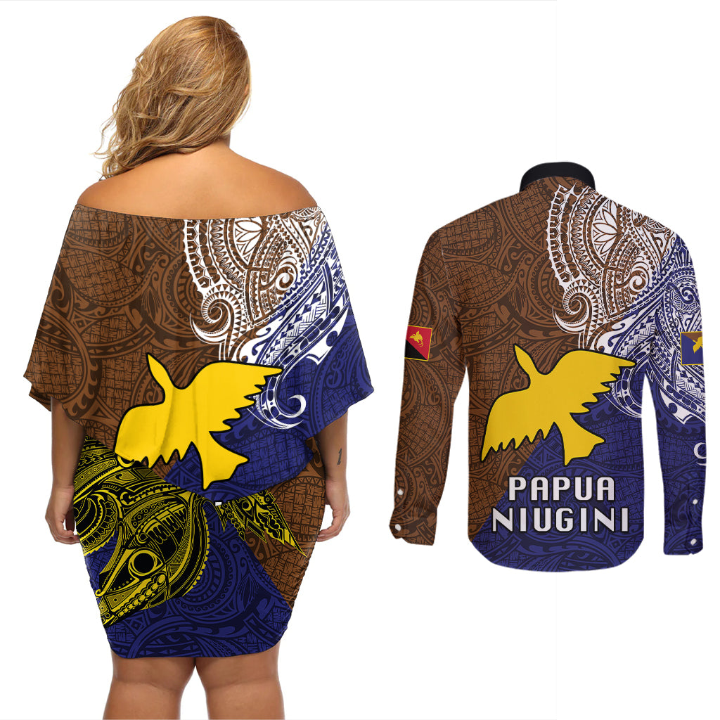 Papua New Guinea Manus Province Couples Matching Off Shoulder Short Dress and Long Sleeve Button Shirts PNG Birds Of Paradise Polynesian Arty Style LT03 - Polynesian Pride