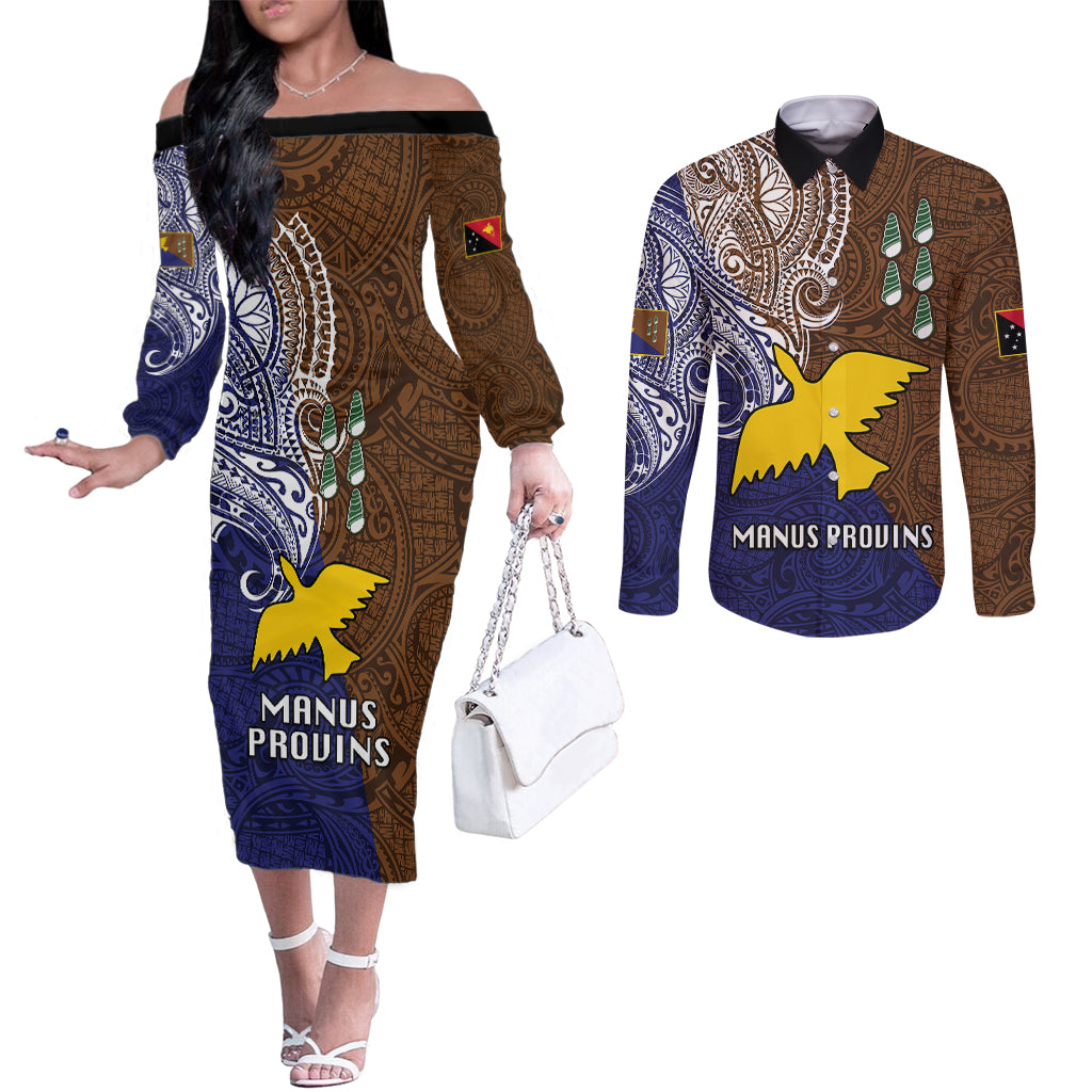 Papua New Guinea Manus Province Couples Matching Off The Shoulder Long Sleeve Dress and Long Sleeve Button Shirts PNG Birds Of Paradise Polynesian Arty Style LT03 Brown - Polynesian Pride