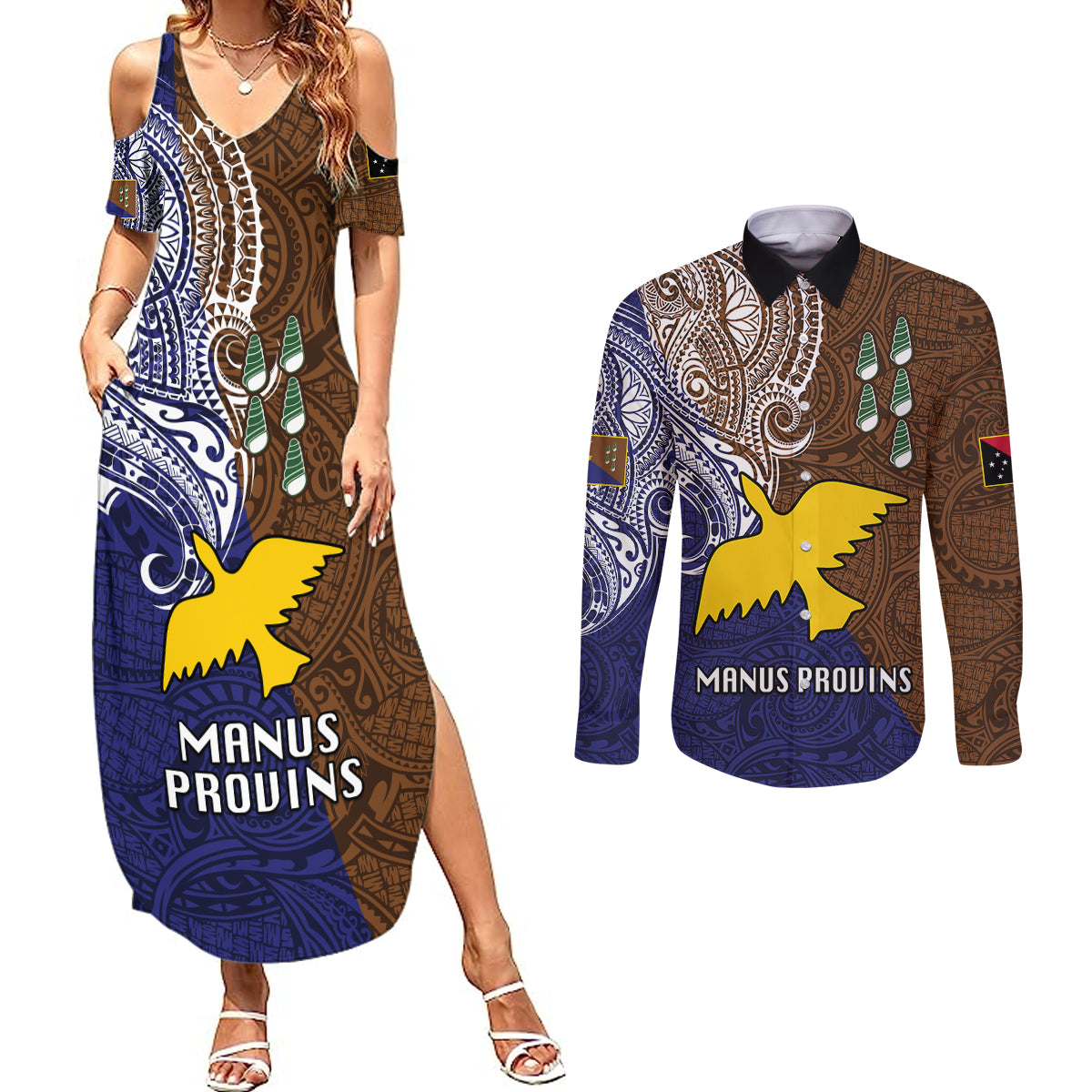 Papua New Guinea Manus Province Couples Matching Summer Maxi Dress and Long Sleeve Button Shirts PNG Birds Of Paradise Polynesian Arty Style LT03 Brown - Polynesian Pride