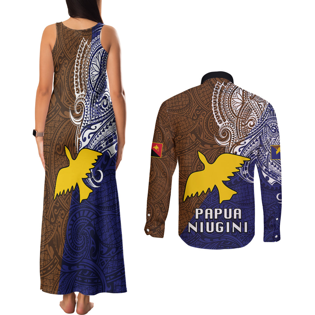 Papua New Guinea Manus Province Couples Matching Tank Maxi Dress and Long Sleeve Button Shirts PNG Birds Of Paradise Polynesian Arty Style LT03 - Polynesian Pride