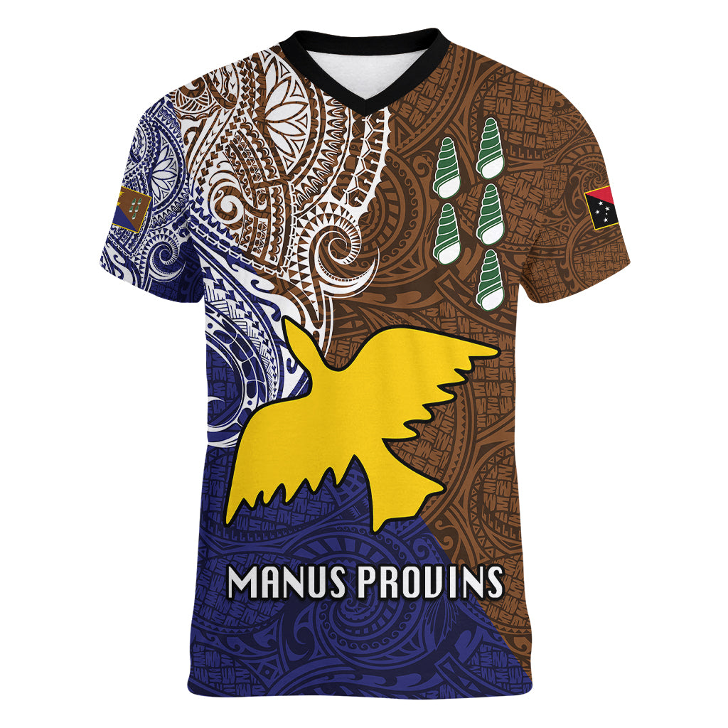 Papua New Guinea Manus Province Women V Neck T Shirt PNG Birds Of Paradise Polynesian Arty Style LT03 Female Brown - Polynesian Pride