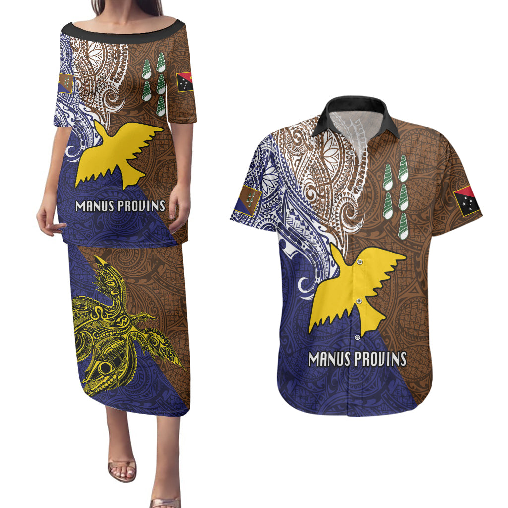 Custom Papua New Guinea Manus Province Couples Matching Puletasi Dress and Hawaiian Shirt PNG Birds Of Paradise Polynesian Arty Style LT03 Brown - Polynesian Pride