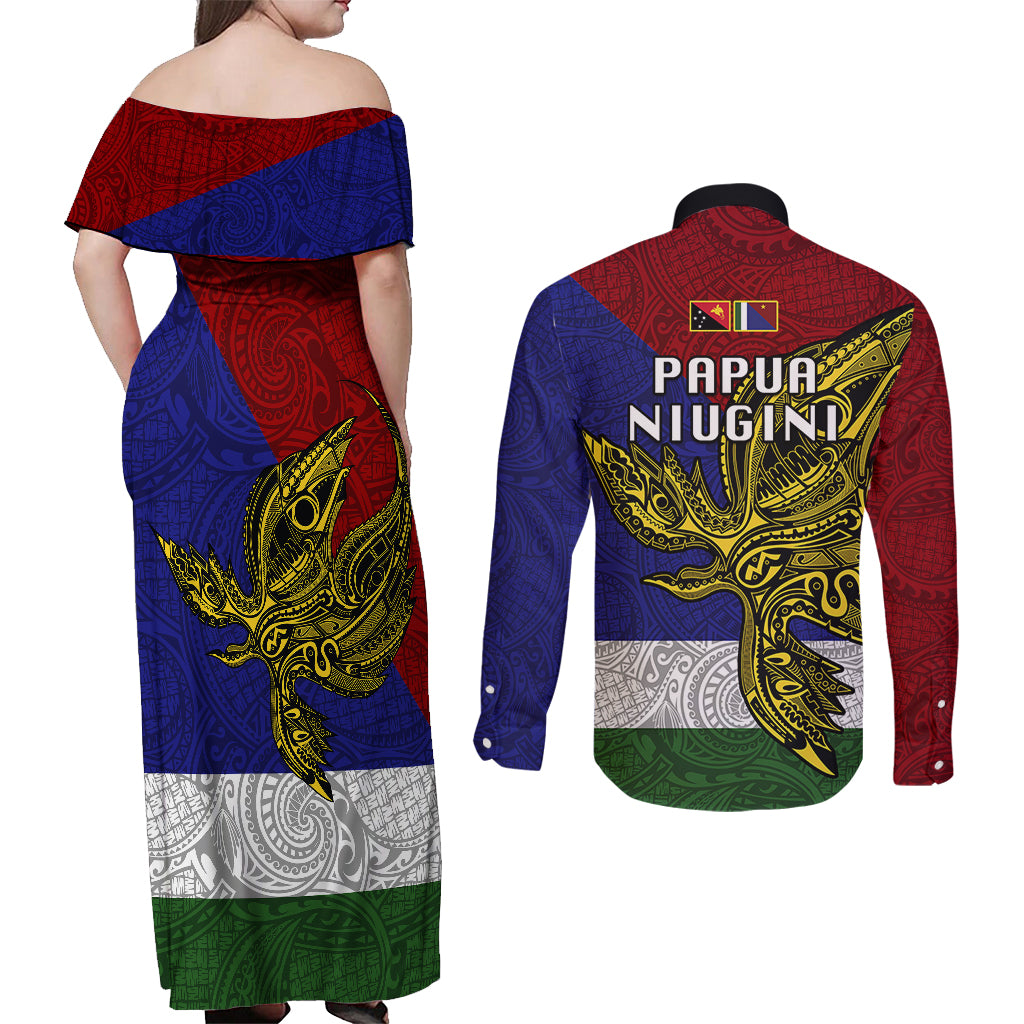 Papua New Guinea Milne Bay Province Couples Matching Off Shoulder Maxi Dress and Long Sleeve Button Shirts PNG Birds Of Paradise Polynesian Arty Style LT03 - Polynesian Pride