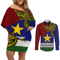 Papua New Guinea Milne Bay Province Couples Matching Off Shoulder Short Dress and Long Sleeve Button Shirts PNG Birds Of Paradise Polynesian Arty Style LT03 Blue - Polynesian Pride