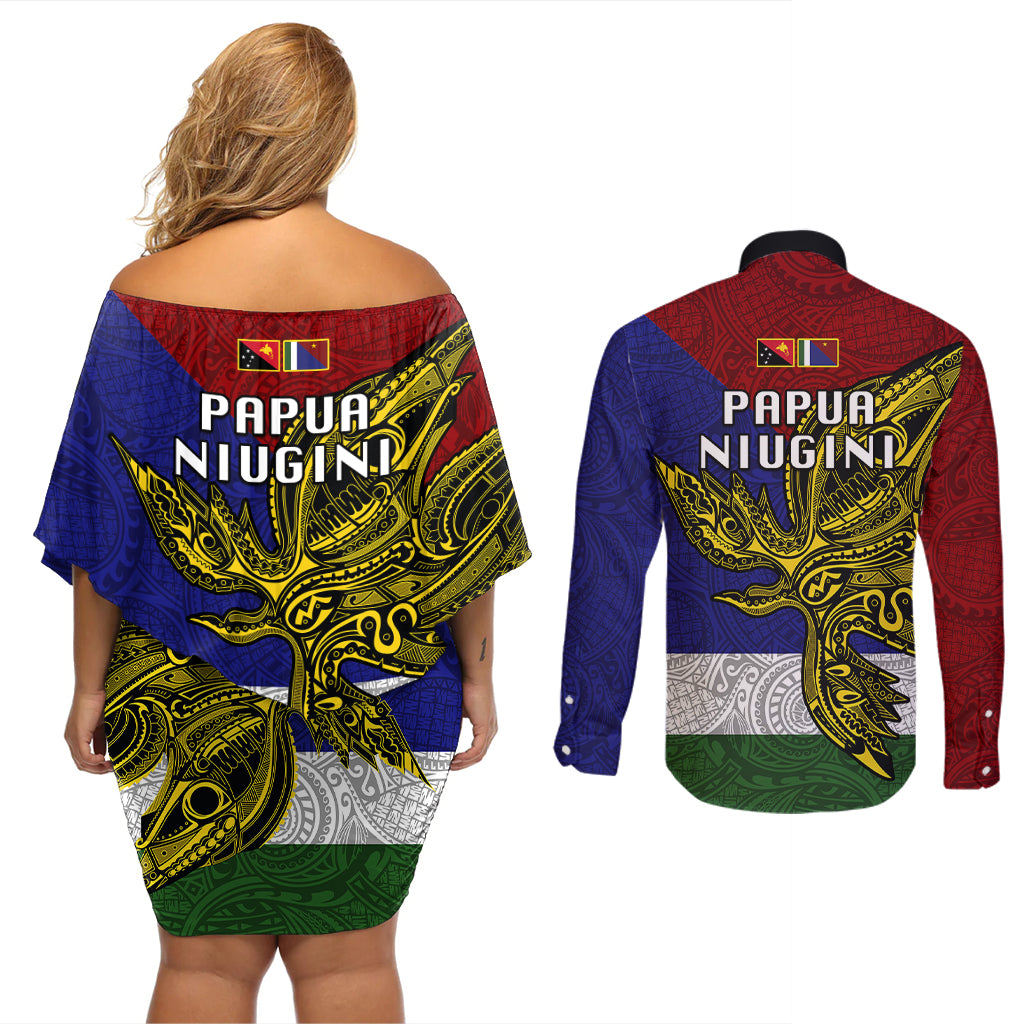 Papua New Guinea Milne Bay Province Couples Matching Off Shoulder Short Dress and Long Sleeve Button Shirts PNG Birds Of Paradise Polynesian Arty Style LT03 - Polynesian Pride