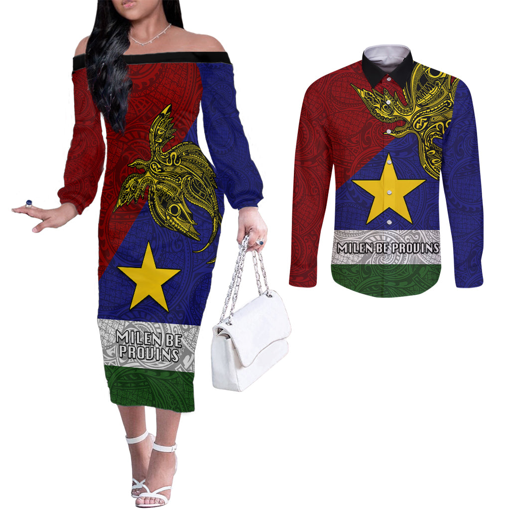 Papua New Guinea Milne Bay Province Couples Matching Off The Shoulder Long Sleeve Dress and Long Sleeve Button Shirts PNG Birds Of Paradise Polynesian Arty Style LT03 Blue - Polynesian Pride