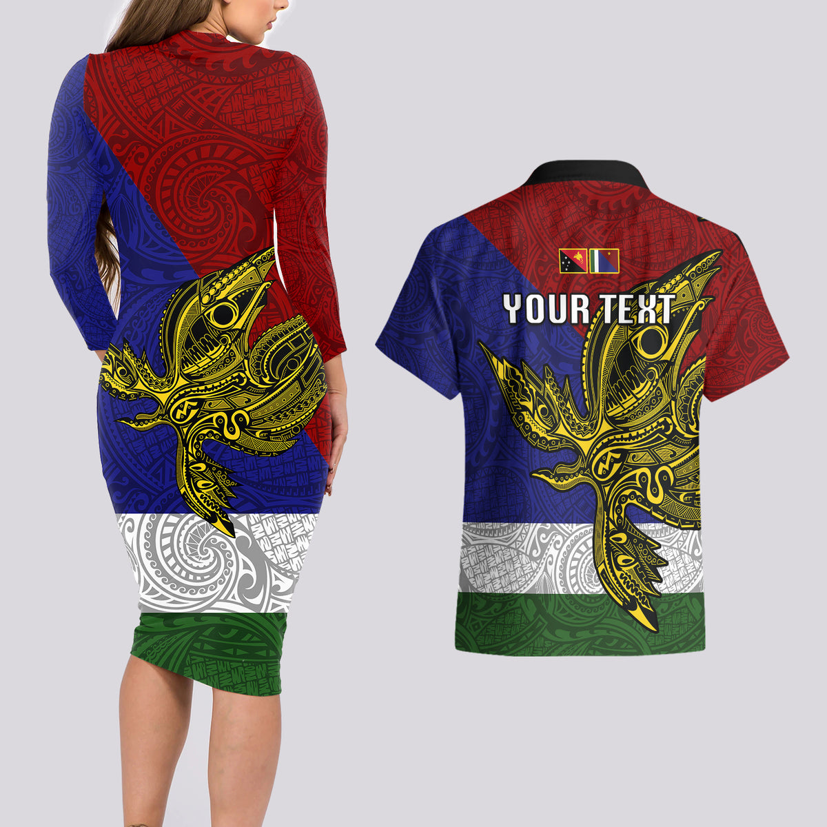 Custom Papua New Guinea Milne Bay Province Couples Matching Long Sleeve Bodycon Dress and Hawaiian Shirt PNG Birds Of Paradise Polynesian Arty Style LT03 - Polynesian Pride