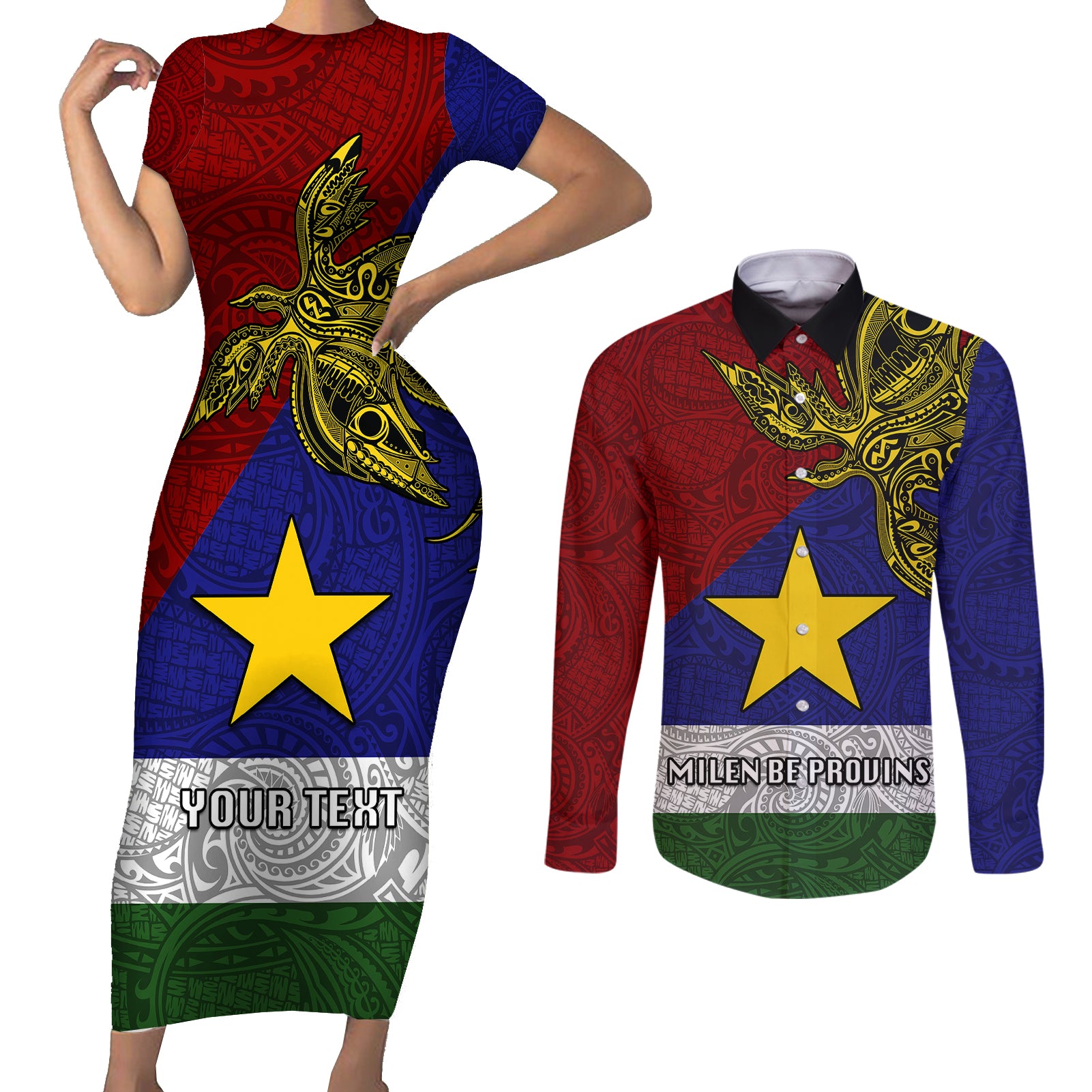 Custom Papua New Guinea Milne Bay Province Couples Matching Short Sleeve Bodycon Dress and Long Sleeve Button Shirts PNG Birds Of Paradise Polynesian Arty Style LT03 Blue - Polynesian Pride