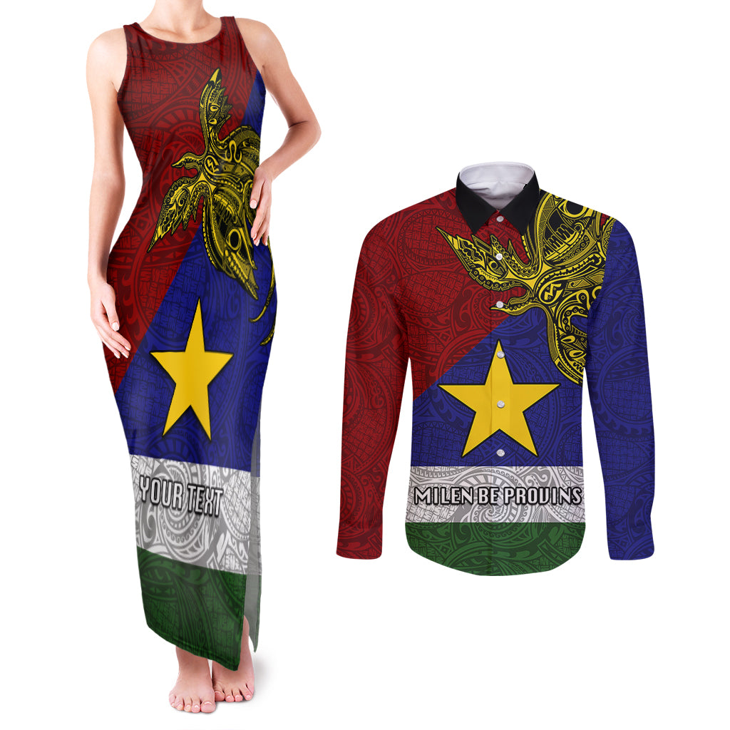 Custom Papua New Guinea Milne Bay Province Couples Matching Tank Maxi Dress and Long Sleeve Button Shirts PNG Birds Of Paradise Polynesian Arty Style LT03 Blue - Polynesian Pride