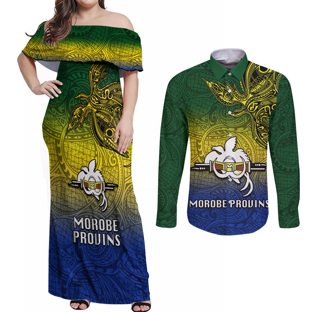 Papua New Guinea Morobe Province Couples Matching Off Shoulder Maxi Dress and Long Sleeve Button Shirts PNG Birds Of Paradise Polynesian Arty Style LT03 Yellow - Polynesian Pride