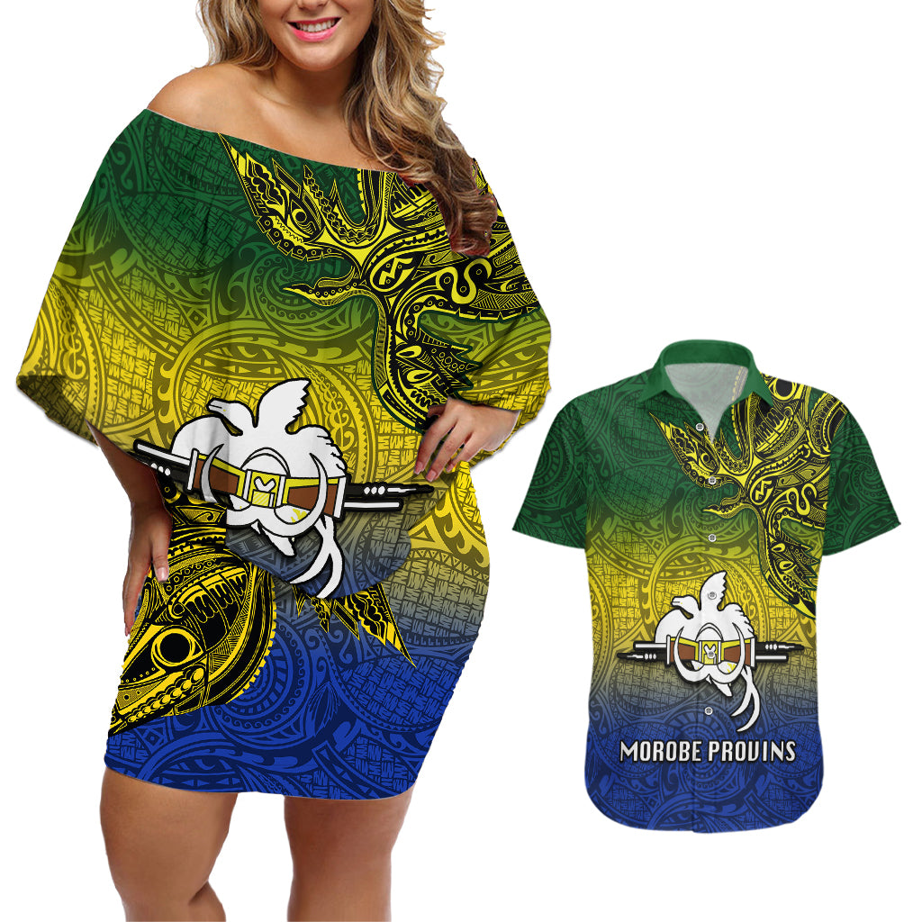 Papua New Guinea Morobe Province Couples Matching Off Shoulder Short Dress and Hawaiian Shirt PNG Birds Of Paradise Polynesian Arty Style LT03 Yellow - Polynesian Pride