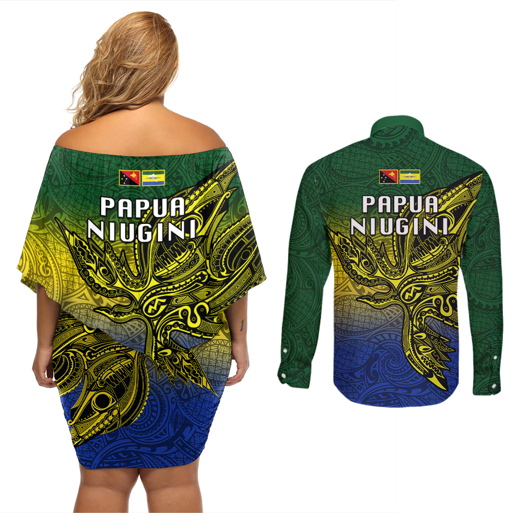Papua New Guinea Morobe Province Couples Matching Off Shoulder Short Dress and Long Sleeve Button Shirts PNG Birds Of Paradise Polynesian Arty Style LT03 - Polynesian Pride