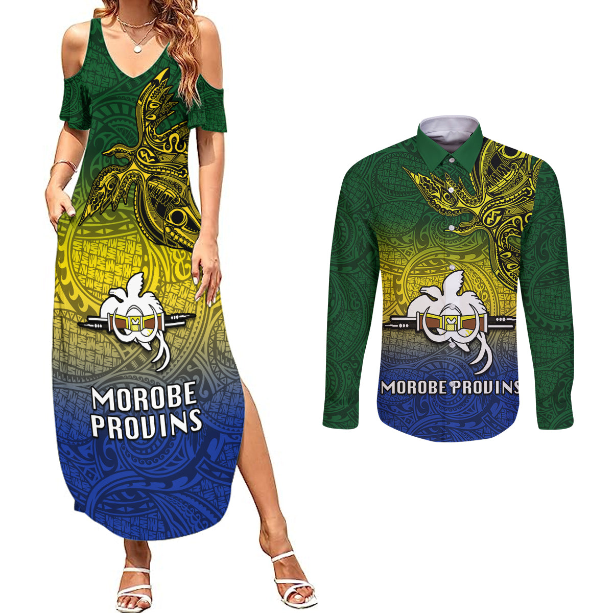Papua New Guinea Morobe Province Couples Matching Summer Maxi Dress and Long Sleeve Button Shirts PNG Birds Of Paradise Polynesian Arty Style LT03 Yellow - Polynesian Pride