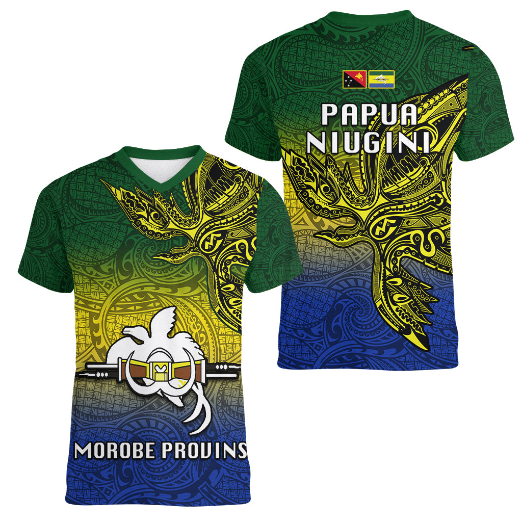 Papua New Guinea Morobe Province Women V Neck T Shirt PNG Birds Of Paradise Polynesian Arty Style LT03 - Polynesian Pride