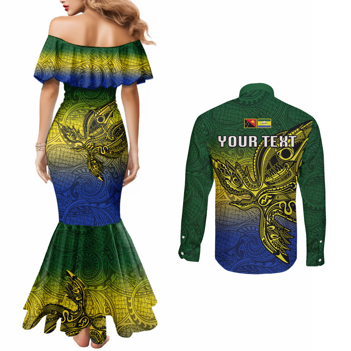 Custom Papua New Guinea Morobe Province Couples Matching Mermaid Dress and Long Sleeve Button Shirts PNG Birds Of Paradise Polynesian Arty Style LT03 - Polynesian Pride