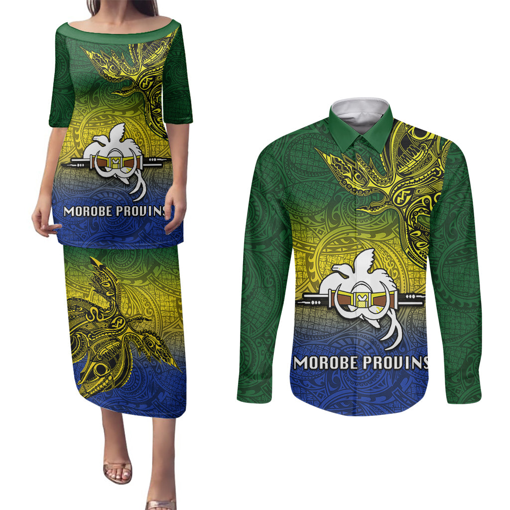 Custom Papua New Guinea Morobe Province Couples Matching Puletasi Dress and Long Sleeve Button Shirts PNG Birds Of Paradise Polynesian Arty Style LT03 Yellow - Polynesian Pride
