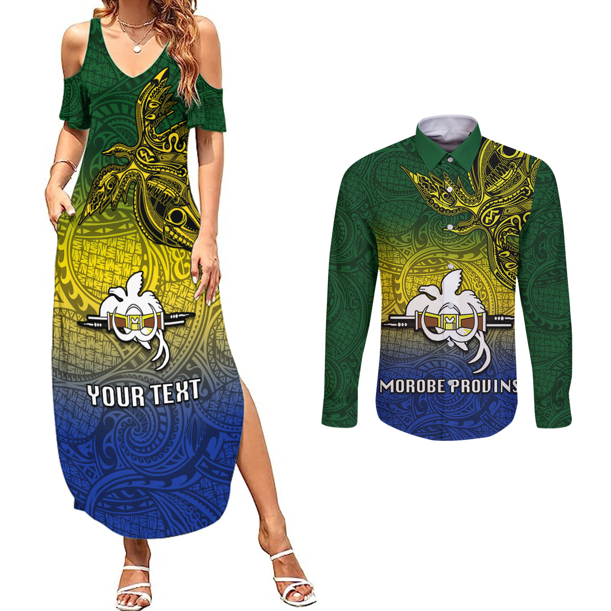 Custom Papua New Guinea Morobe Province Couples Matching Summer Maxi Dress and Long Sleeve Button Shirts PNG Birds Of Paradise Polynesian Arty Style LT03 Yellow - Polynesian Pride
