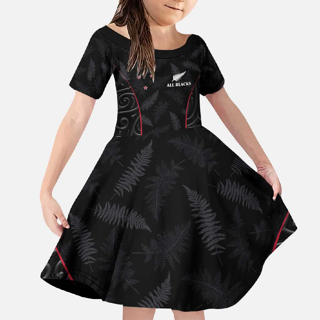 Custom New Zealand Rugby Family Matching Long Sleeve Bodycon Dress and Hawaiian Shirt Maori All Black Championship 2024 and Silver Fern LT03 Daughter's Dress Black - Polynesian Pride
