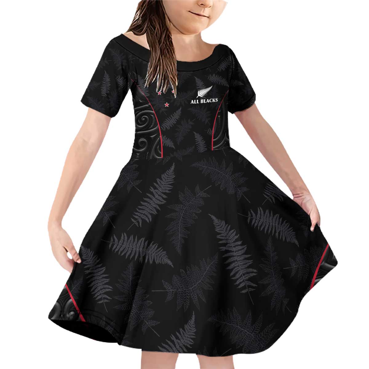 Custom New Zealand Rugby Family Matching Off Shoulder Short Dress and Hawaiian Shirt Maori All Black Championship 2024 and Silver Fern LT03 Daughter's Dress Black - Polynesian Pride