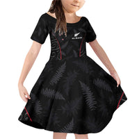 Custom New Zealand Rugby Family Matching Off Shoulder Short Dress and Hawaiian Shirt Maori All Black Championship 2024 and Silver Fern LT03 Daughter's Dress Black - Polynesian Pride