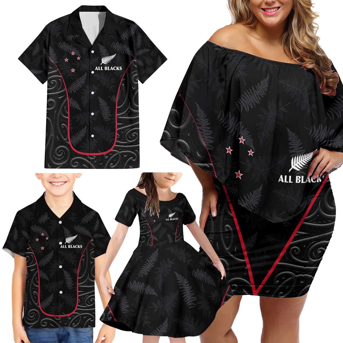 Custom New Zealand Rugby Family Matching Off Shoulder Short Dress and Hawaiian Shirt Maori All Black Championship 2024 and Silver Fern LT03 - Polynesian Pride