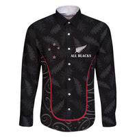 Custom New Zealand Rugby Family Matching Off Shoulder Short Dress and Hawaiian Shirt Maori All Black Championship 2024 and Silver Fern LT03 Dad's Shirt - Long Sleeve Black - Polynesian Pride