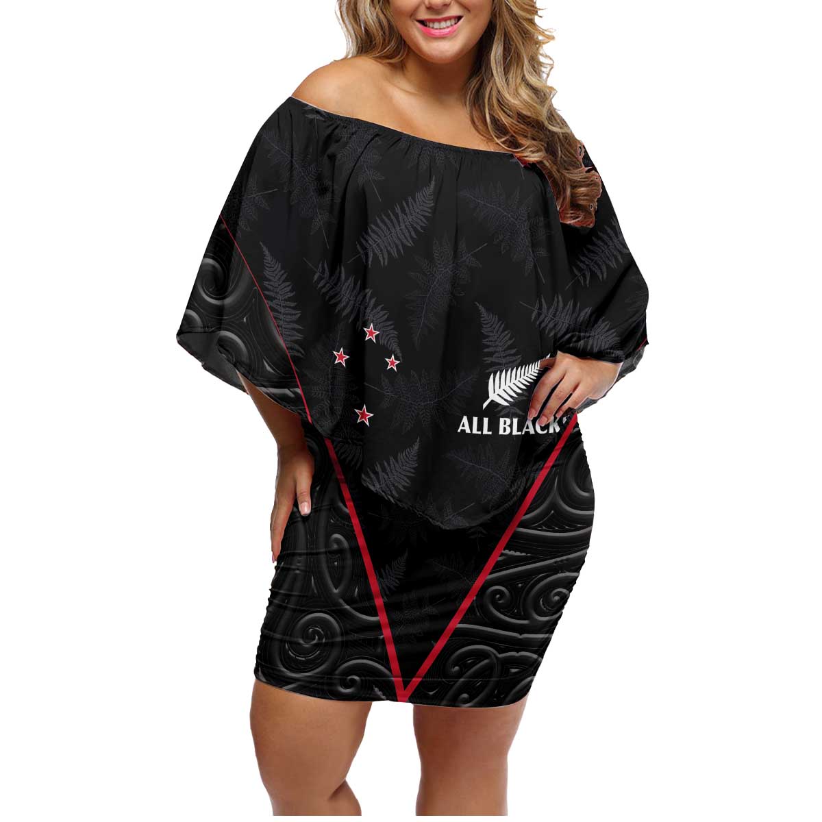Custom New Zealand Rugby Family Matching Off Shoulder Short Dress and Hawaiian Shirt Maori All Black Championship 2024 and Silver Fern LT03 Mom's Dress Black - Polynesian Pride