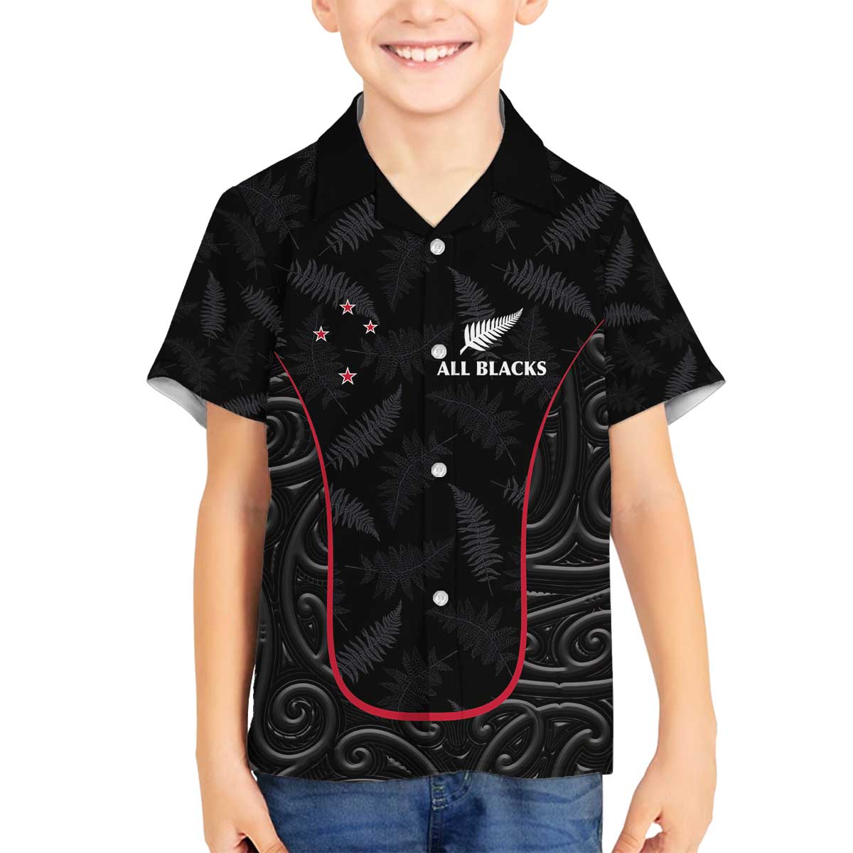 Custom New Zealand Rugby Family Matching Off Shoulder Short Dress and Hawaiian Shirt Maori All Black Championship 2024 and Silver Fern LT03 Son's Shirt Black - Polynesian Pride