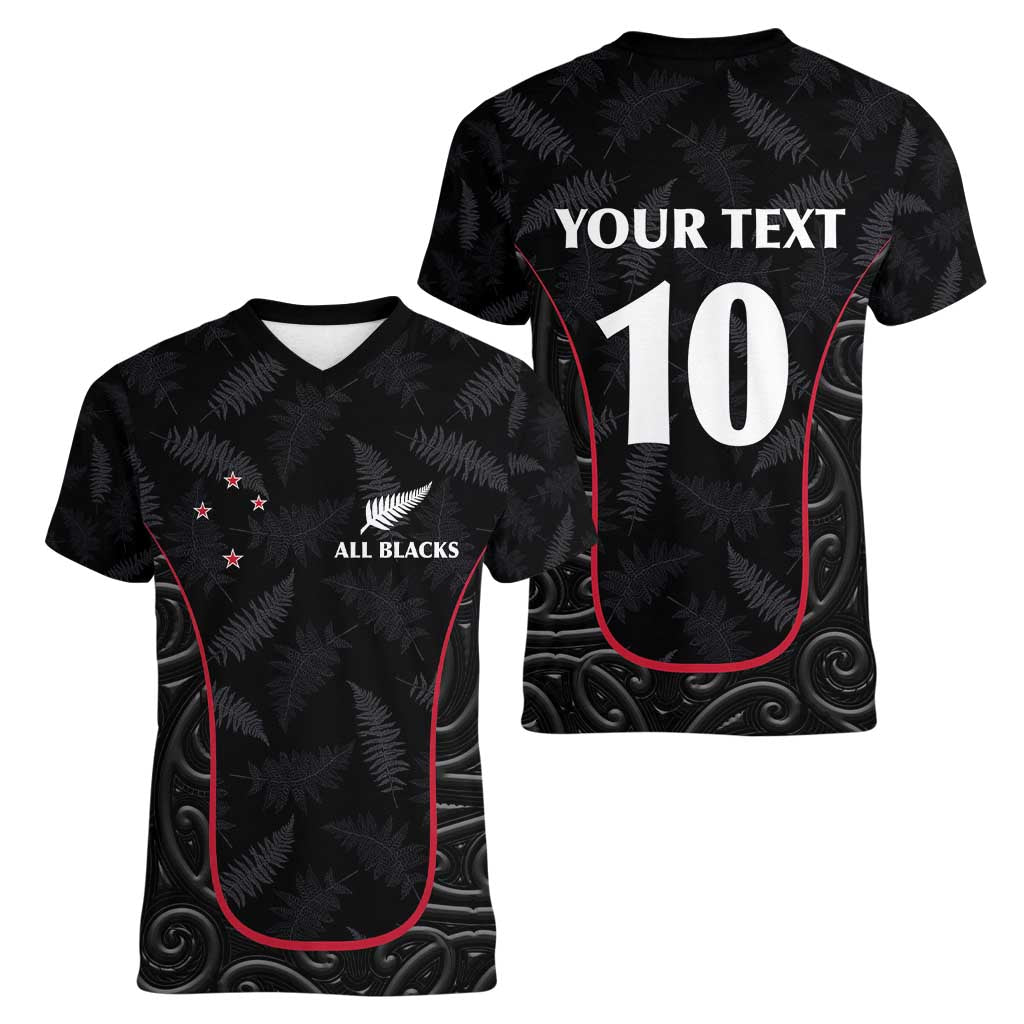 Custom New Zealand Rugby Women V-Neck T-Shirt Maori All Black Championship 2024 and Silver Fern