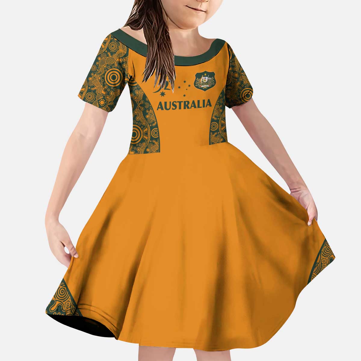 Custom Australia Rugby Championship 2024 Kid Short Sleeve Dress Aboriginal Art Tattoo Pattern