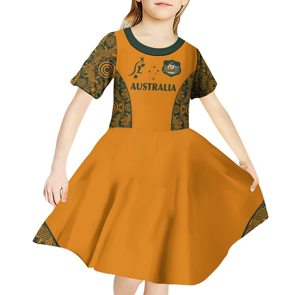 Custom Australia Rugby Championship 2024 Kid Short Sleeve Dress Aboriginal Art Tattoo Pattern