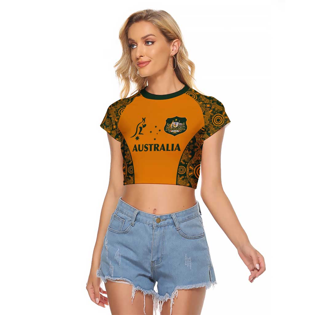 Custom Australia Rugby Championship 2024 Raglan Cropped T Shirt Aboriginal Art Tattoo Pattern LT03 Female Yellow - Polynesian Pride