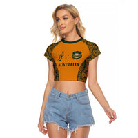 Custom Australia Rugby Championship 2024 Raglan Cropped T Shirt Aboriginal Art Tattoo Pattern LT03 Female Yellow - Polynesian Pride