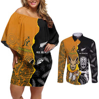 Custom New Zealand and Australia Rugby Championship 2024 Couples Matching Off Shoulder Short Dress and Long Sleeve Button Shirt Maori Warrior and Kangaroo Mascot with Fern Aboriginal LT03 Black - Polynesian Pride